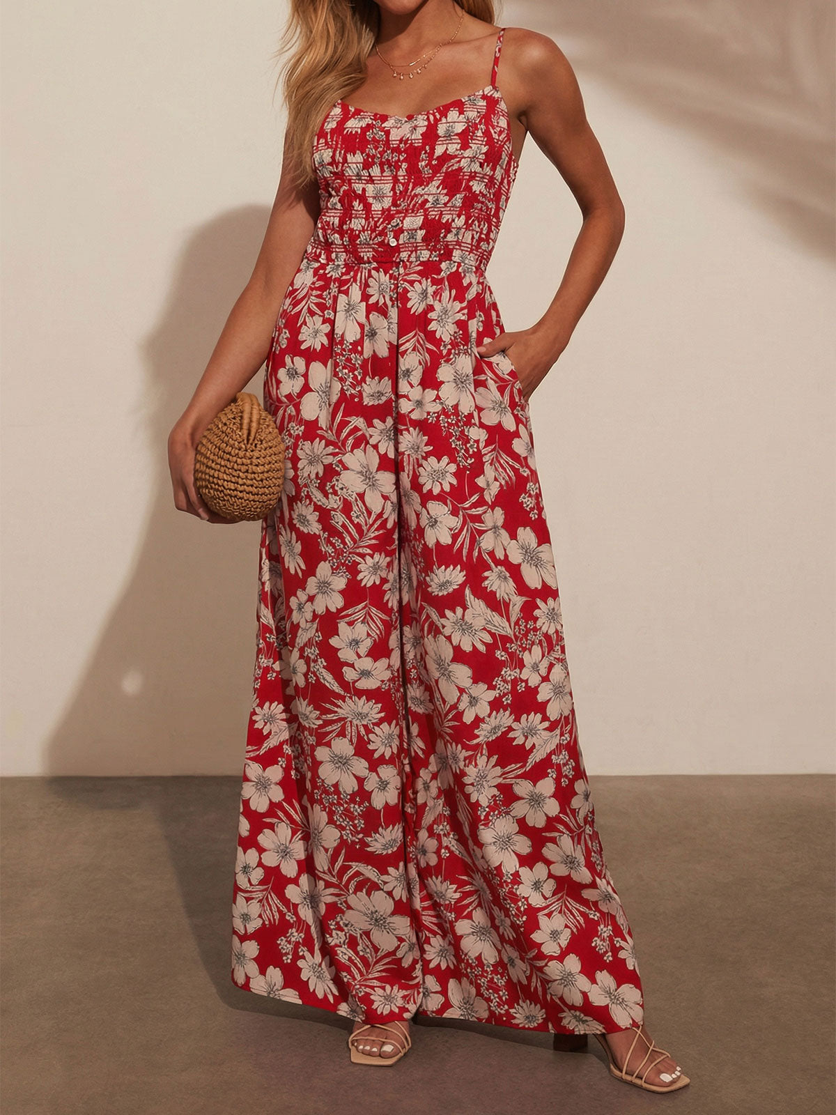 Boho Floral Smocked Sleeveless Pocket Trim Resort Wide Leg Jumpsuit