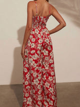 Boho Floral Smocked Sleeveless Pocket Trim Resort Wide Leg Jumpsuit