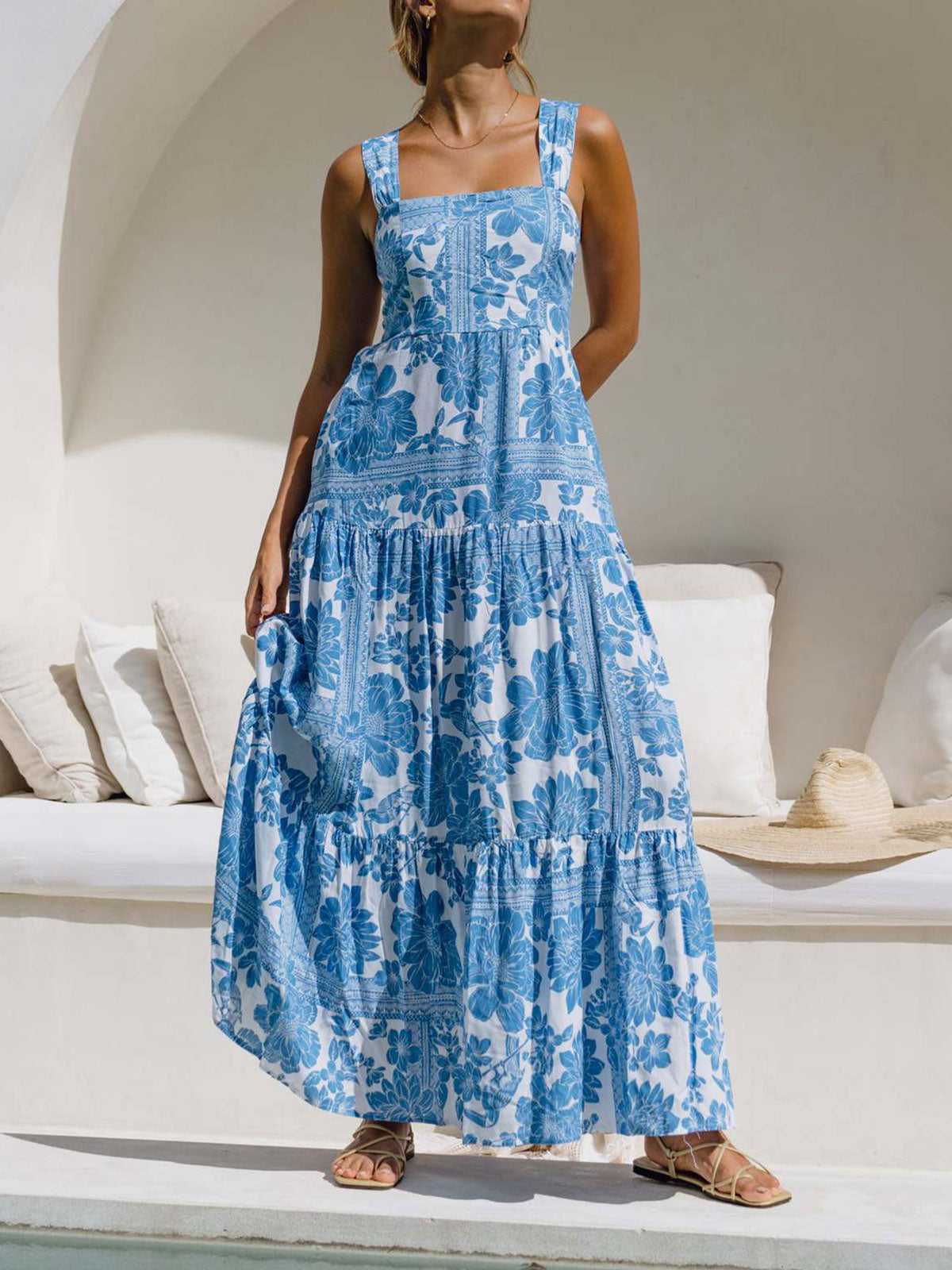 Boho Floral Square Neck Pocket Trim Resort Tiered Maxi Sundress