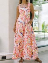 Boho Floral Square Neck Pocket Trim Resort Tiered Maxi Sundress