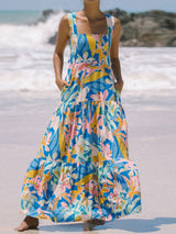 Boho Floral Square Neck Pocket Trim Resort Tiered Maxi Sundress