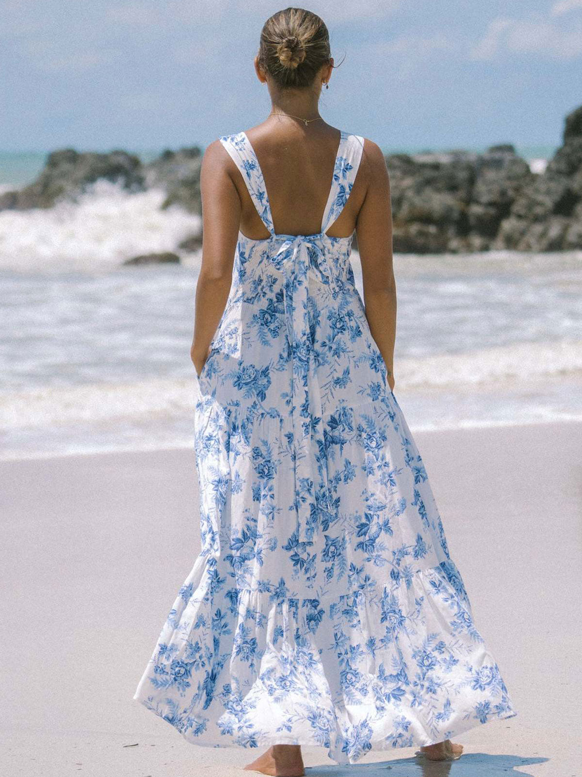Boho Floral Square Neck Pocket Trim Resort Tiered Maxi Sundress