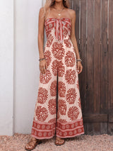 Boho Floral Tie Front Strapless High Waist Resort Wide Leg Jumpsuit