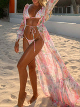 Boho Floral Tie Front Tiered Ruffle Chiffon Maxi Cover Up