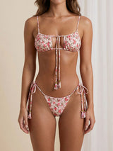 Boho Floral Tie Side Scrunch Cheeky Sexy Cutout Two Piece Bikini Set