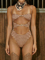 Boho Geometric Print Brazilian Scrunch Cutout One Piece Swimsuit
