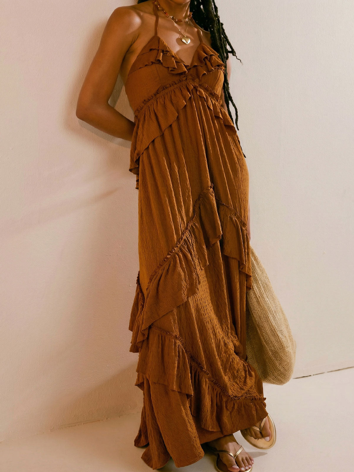Boho Halter Tie Back Tiered Ruffle Resort Crinkled Babydoll Maxi Dress