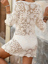 Boho Lace Up Elbow Sleeve Beach Crochet Knit Cover Up Mini Dress