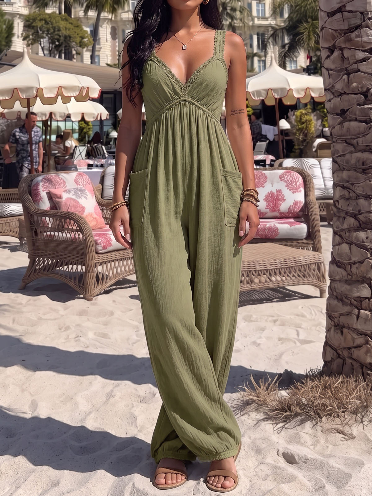 Boho Laced Empire Waist Sleeveless Pocket Resort Balloon Leg Jumpsuit