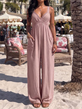 Boho Laced Empire Waist Sleeveless Pocket Resort Balloon Leg Jumpsuit