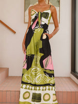 Boho Print Knotted Front Cami Pocket Trim Resort Wide Leg Jumpsuit