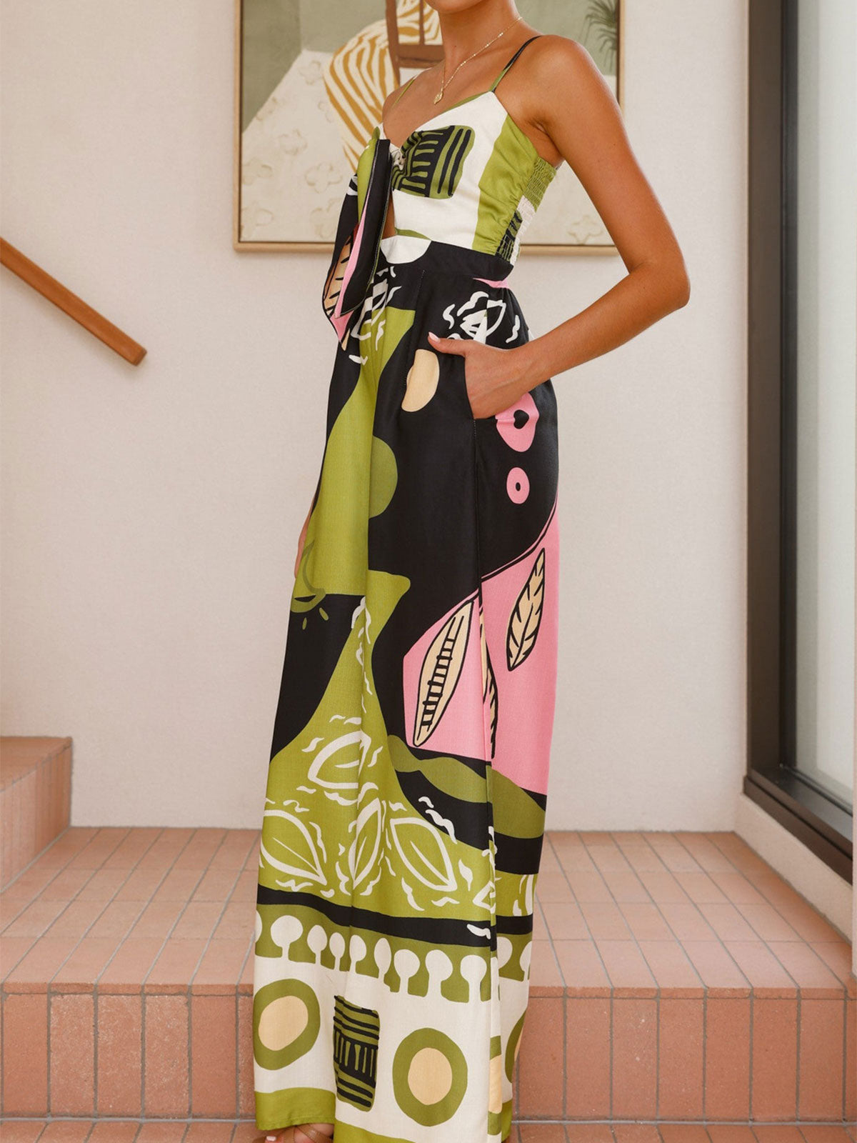 Boho Print Knotted Front Cami Pocket Trim Resort Wide Leg Jumpsuit