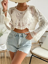 Boho Scalloped Crew Neck Embroidered Lace Beach Crop Cover Up