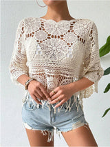 Boho Scalloped Neck Elbow Sleeve Fringe Crochet Knit Cover Up Top