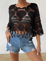 Boho Scalloped Neck Elbow Sleeve Fringe Crochet Knit Cover Up Top