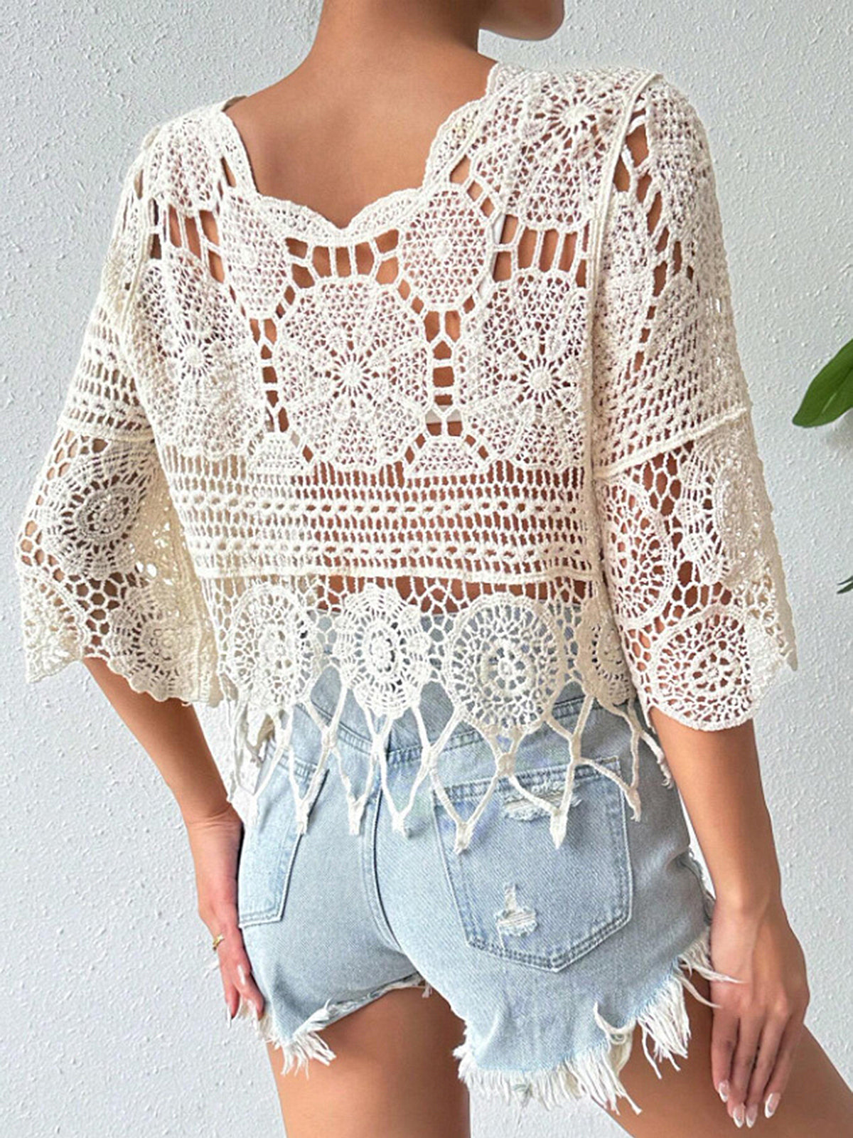 Boho Scalloped Neck Elbow Sleeve Fringe Crochet Knit Cover Up Top