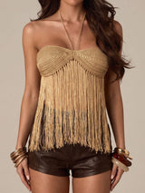 Boho Sweetheart Neck Tie Back Summer Resort Crochet Fringe Halter Top