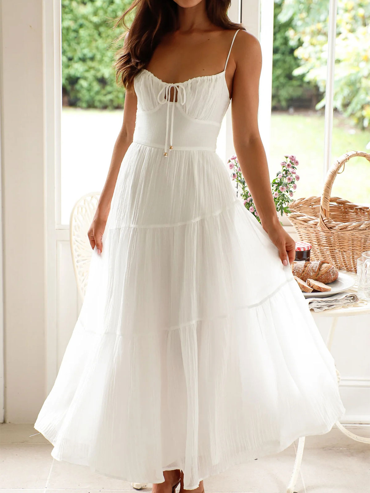 Boho Tie Neck Smocked Back Resort Crochet Trim Tiered Midi Sundress