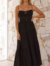 Boho Tie Neck Smocked Back Resort Crochet Trim Tiered Midi Sundress