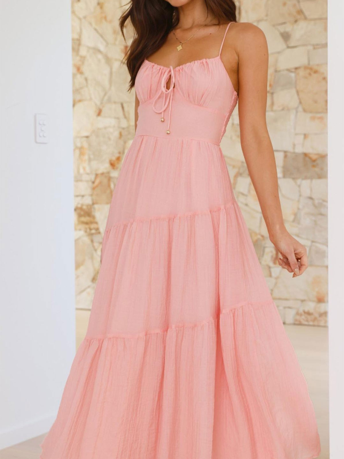 Boho Tie Neck Smocked Back Resort Crochet Trim Tiered Midi Sundress
