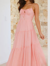 Boho Tie Neck Smocked Back Resort Crochet Trim Tiered Midi Sundress