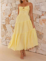 Boho Tie Neck Smocked Back Resort Crochet Trim Tiered Midi Sundress