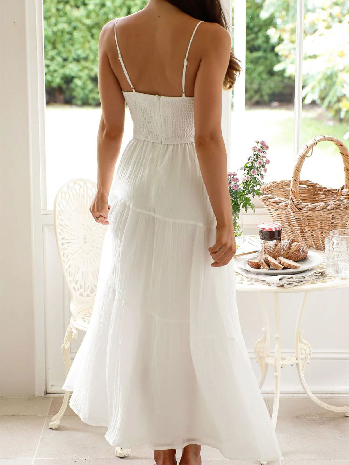 Boho Tie Neck Smocked Back Resort Crochet Trim Tiered Midi Sundress