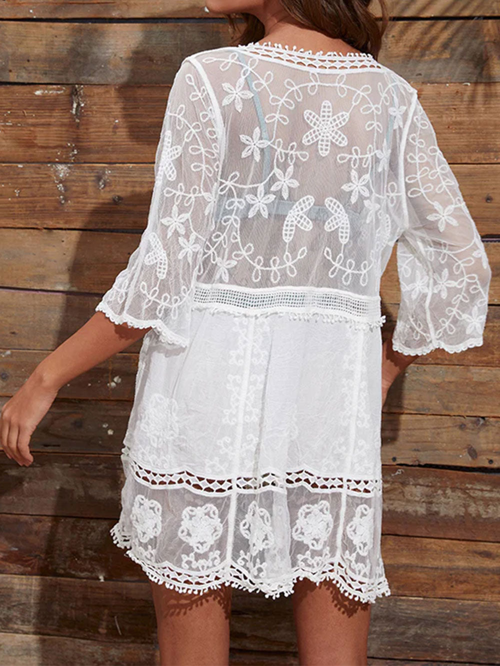 Boho V Neck Elbow Sleeve Embroidered Lace Mini Beach Cover Up