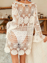 Breezy Lace Up V Neck Sleeved Beach Crochet Knit Cover Up Mini Dress