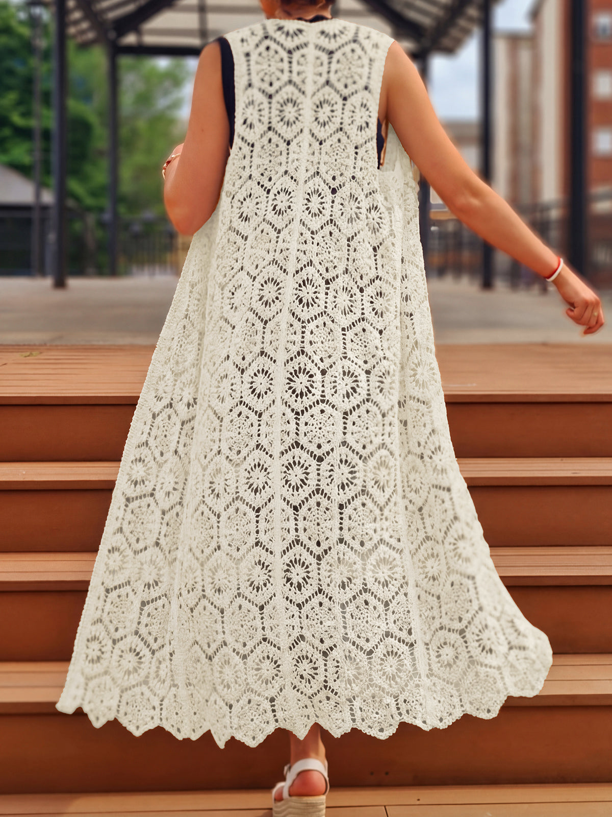 Breezy Open Front Sleeveless Crochet Knit Cover Up Jacket