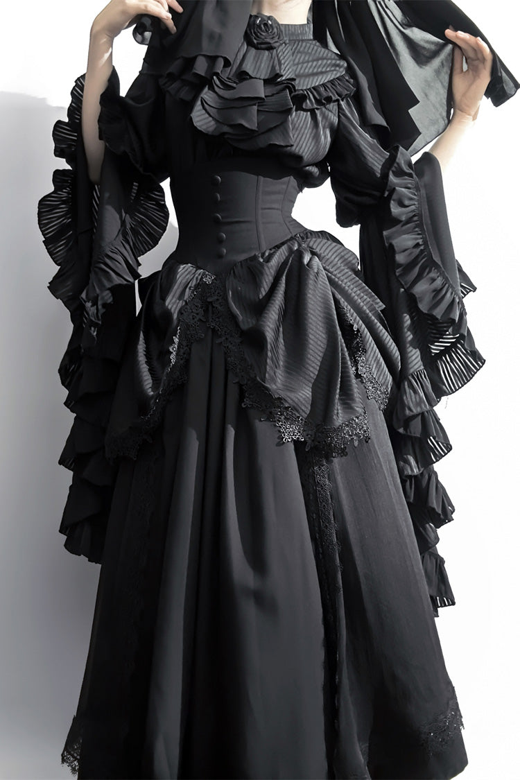 Black [Sleepwalking] Long Hime Sleeves Stitching Lace Plus Size Gothic Elegant Lolita Skirt Set