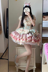 [Ribbon Dance] Multi-Layered Ruffle Bowknot Lace-Up Sweet Princess Lolita Dress 3 Colors