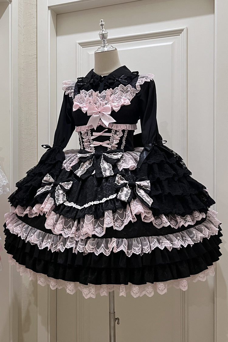 Black/Pink Multi-Layered Ruffle Bowknot Stitching Lace Sweet Lolita Jsk Dress