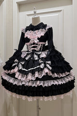 Black/Pink Multi-Layered Ruffle Bowknot Stitching Lace Sweet Lolita Jsk Dress