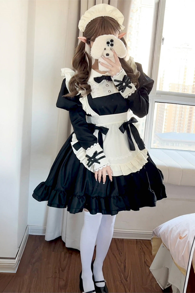 Black/White Maid Long Sleeves Ruffle Bowknot Sweet Plus Size Lolita Dress Full Set