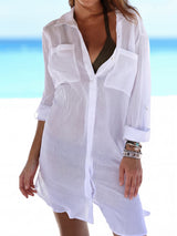 Casual Collared Button Up Oversized Beach Crinkled Cover Up Blouse