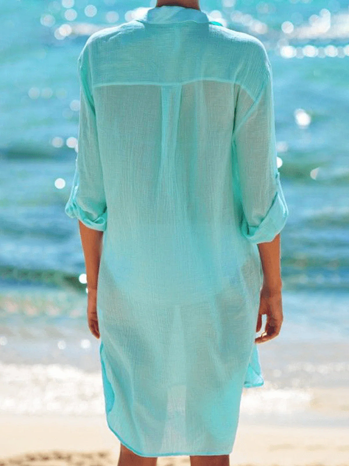 Casual Collared Button Up Oversized Beach Crinkled Cover Up Blouse