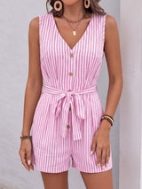 Casual Contrast Striped V Neck Button Up Belted Resort Wide Leg Romper