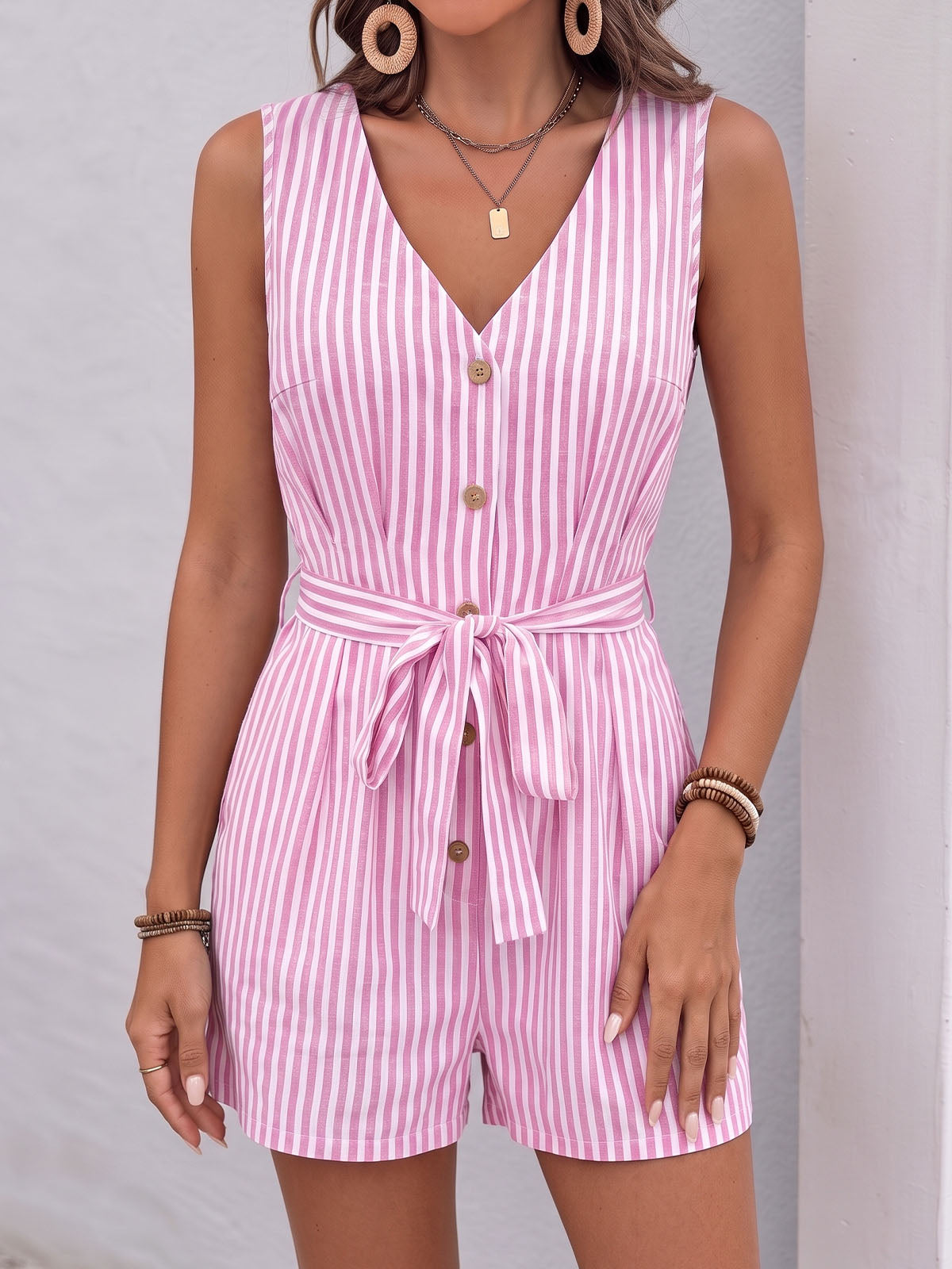 Casual Contrast Striped V Neck Button Up Belted Resort Wide Leg Romper