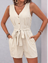 Casual Contrast Striped V Neck Button Up Belted Resort Wide Leg Romper