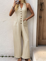 Casual Halter Button Trim Pocket Trim Resort Wide Leg Jumpsuit