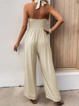 Casual Halter Button Trim Pocket Trim Resort Wide Leg Jumpsuit