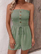 Casual Ruffled Smocked Strapless Button Trim Resort Wide Leg Romper