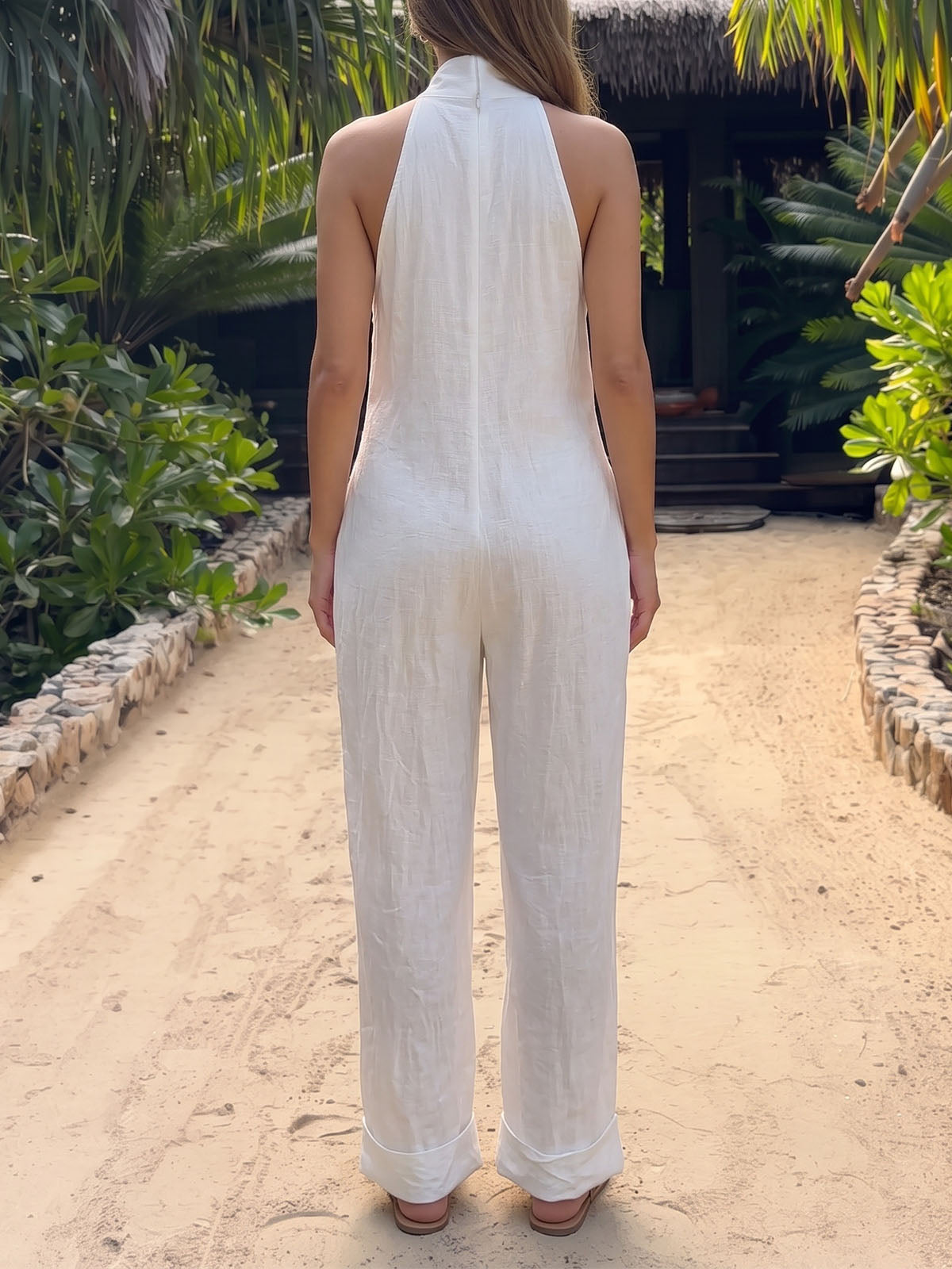 Casual V Neck Sleeveless Pocket Trim Resort Cuffed Wide Leg Jumpsuit