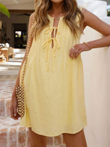 Chic Bow Tie V Neck Pocket Trim Resort Pintuck Mini Sundress