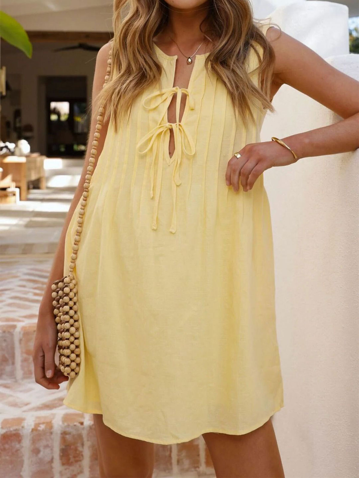 Chic Bow Tie V Neck Pocket Trim Resort Pintuck Mini Sundress