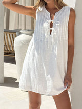 Chic Bow Tie V Neck Pocket Trim Resort Pintuck Mini Sundress