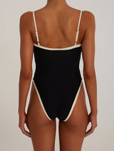 Chic Color Block High Cut Cheeky Square Neck One Piece Swimsuit