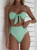 Classic High Waist Cheeky Bow Tie Ribbed Bandeau Two Piece Bikini Set