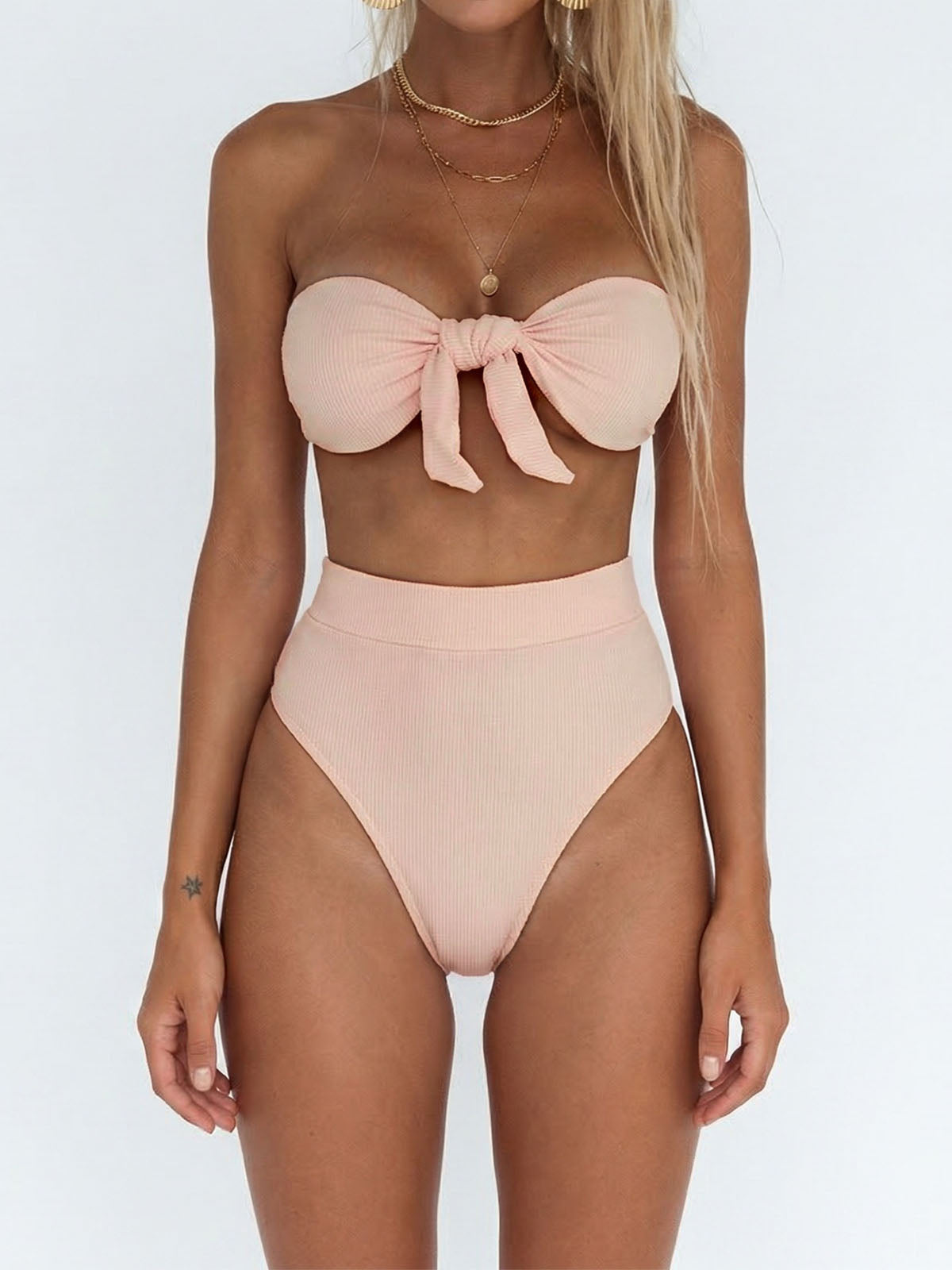 Classic High Waist Cheeky Bow Tie Ribbed Bandeau Two Piece Bikini Set